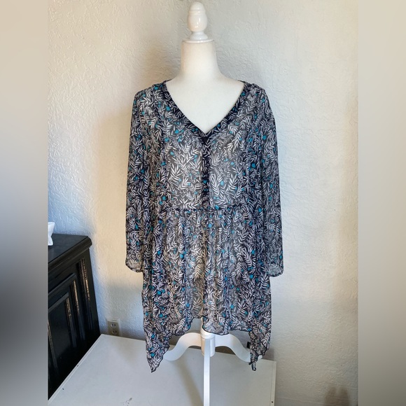 Lane Bryant Flowy Tunic Sheer Blouse Top Floral Leaf Sheer Plus Size 14 - 16 - Picture 1 of 13